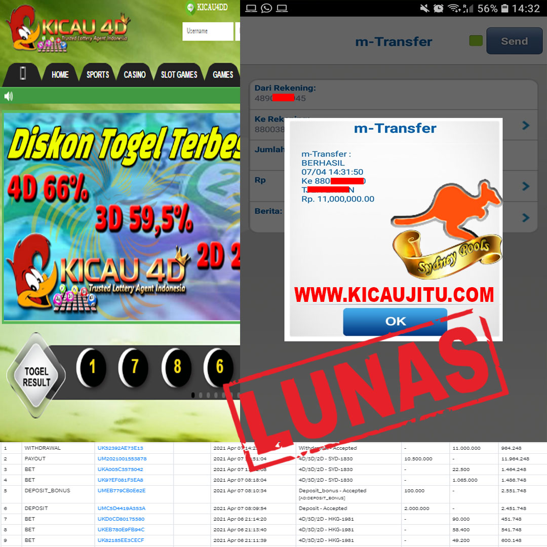 BUKTI JACKPOT KEMENANGAN MEMBER Rp 10.000.000 KICAU4D