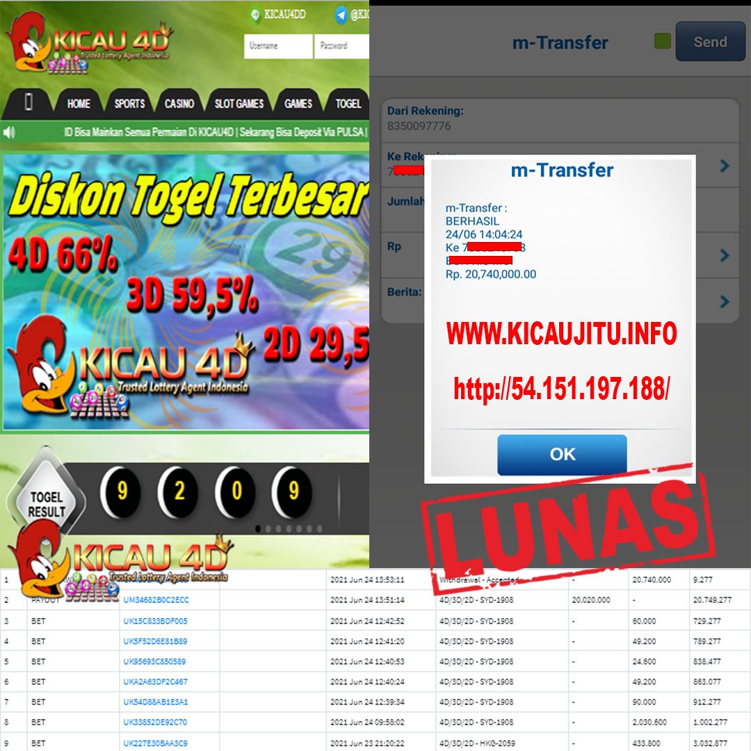 BUKTI JACKPOT KEMENANGAN MEMBER Rp 20.000.000 KICAU4D